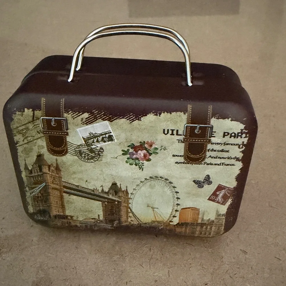 Vintage Style Luggage Tin Box London Travel Theme Hinged Handle Storage Case New